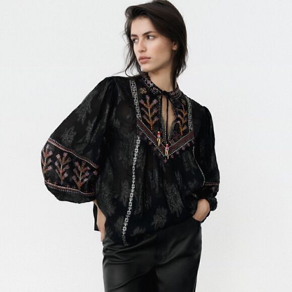 ZARA EMBROIDERED JACQUARD BLOUSE - Picture 1 of 9